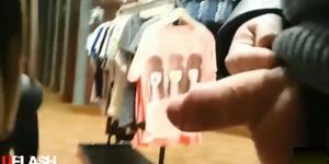 flashing sales girl in store (blind reaction)