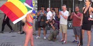 Busty body painted blonde fucked in public (Tina Kay)