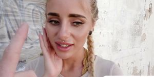 Sweet blonde babe Naomi Woods flashes tits for money