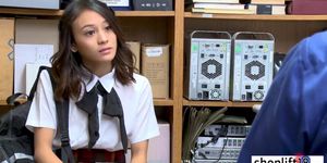 Petite Asian Young Girl tried to Hide Stolen things in Office