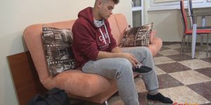 Twink rubs feet and cums