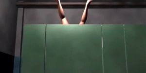 Nena hentai chupa una polla boca abajo en un baño público - video 1