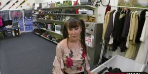 Brunette babe Tiffany Rain gets drilled in the pawnshop