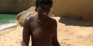 Threesome with ebony flower and her best friend on the beach
