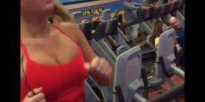 NO BRA busty petite bouncing big boobs in slow motion on treadmill