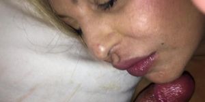 Cheating girlfriend couldn’t wait to suck her brothers oiled dick for cum in her mouth, really hot!!