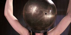 Shaved slut with hands and head in metal balls (Charlotte Sartre)