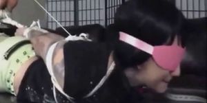 Asian whore blindfolded gagged and used as a cum dumpster