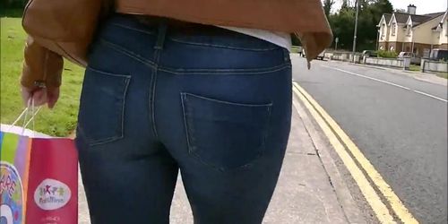 Candid ass in tight jeans tan leather jacket