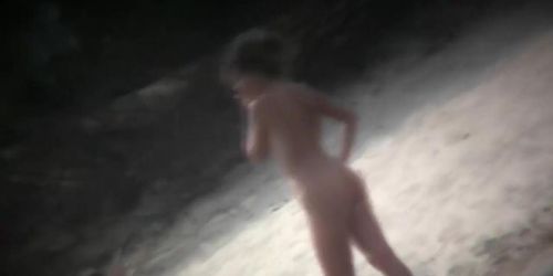 Naked brunette woman nude beach candid video