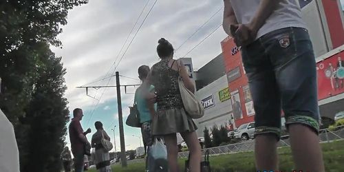 Upskirt footage of thong of a girl in a mini skirt