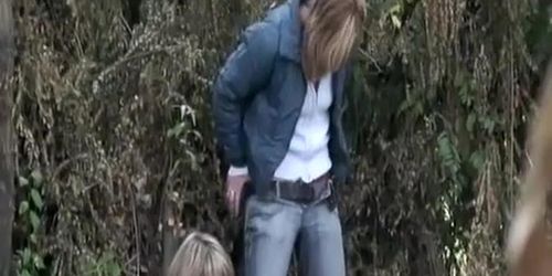 Two blondes and one brunette chick peeing