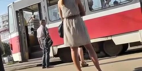 Hot sexy blonde in short dress upskirt