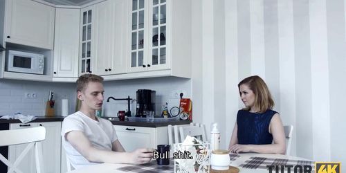 TUTOR4K. Hot tutor covered with whipped cream during sex with disciple