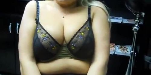 One cute fluffy webcam MILF off her big natural tits 