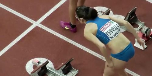 Ravishing Italian sportswoman runs on the athletic track