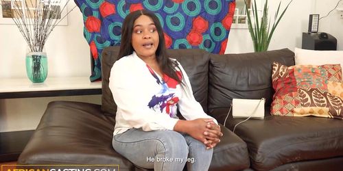 AFRICAN CASTING - Thick Black Chick White Dick Deepthroat in Fake Interracial Casting (Huge White)