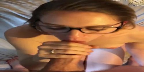 Skinny Blonde Takes A Large Cumshot To Her Sexy Glasses
