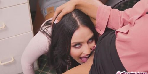 Jade eats and munches Kira's pussy under the table