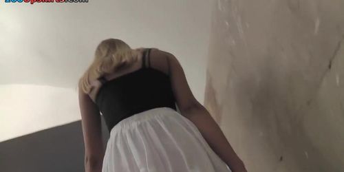 G-string upskirt clip of a blonde coming down on stairs (Blondie Anderson)