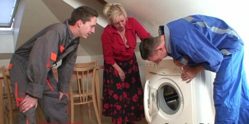 GRANDMA FRIENDS - Two repairmen share very old blonde granny