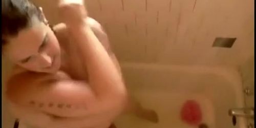 Tattooed gf taking a shower and asian woman