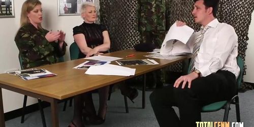 Sally Cream with Holly Kiss jerks off the guy while interviewing him for army recruitment