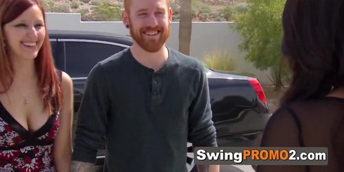 Redhead couple head out to the backyard to meet and greet other swingers