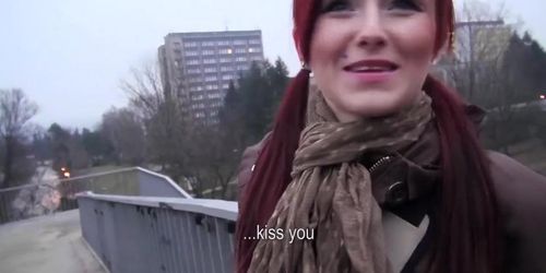 Czech redhead is paid cash to flash and suck cock in public