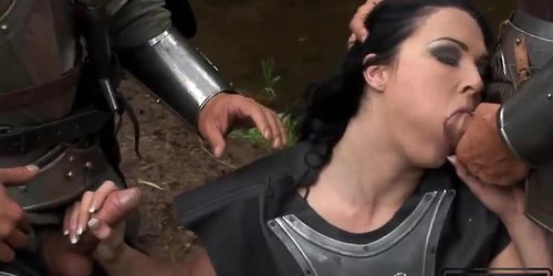 British KNIGHTS fuck brunette milf in the ass threesome in the forest p1