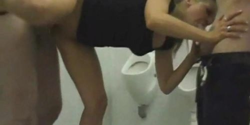 AMATEURITY - Amateur threesome action in the toilets with facial cumshot