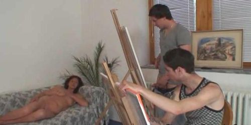 GRANDMA FRIENDS - Two young painters bang nude oldie