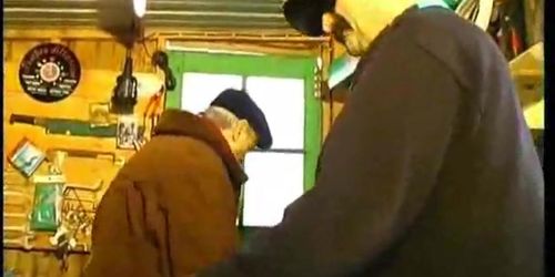 OLD MAN GANGBANG - Blindfolded fuck in a workshop