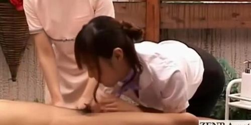 Subtitled CFNM Japanese massage weird fellatio cleanup