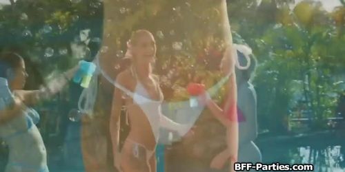 Bubbles and bikini teen babes on cock