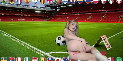 SHY TEEN CINDERELLA - POSES IN FRONT A FULL SOCCER STADION - POSING NUDE