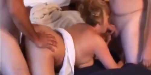 a chubby blonde whore fucked by two guys