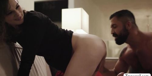 Curly haired shemale gets her ass bareback fucked by stepdad