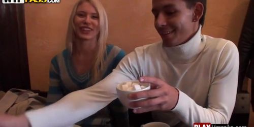 Blonde girl sex in a cafe