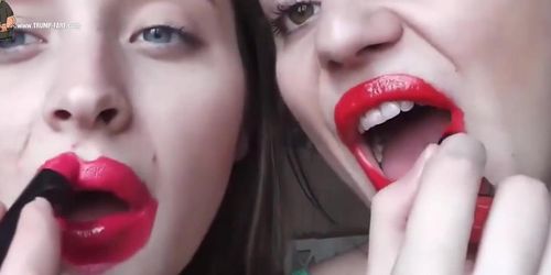 2 hot russian girls making out while using lipstick