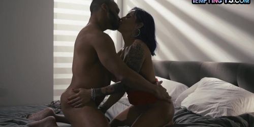 TEMPTING TS - Busty ts sucking in interracial couple before barebacking