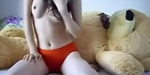 Asian beautiful women humping her giant teddy bear