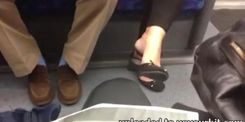 Candid mature Shoeplay Feet Dangling Flats on Train