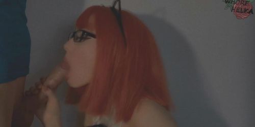 Redhead Catwoman In Glasses Sucked Cock And Gets Cum On Tongue Bdsm Fetish Blowjob