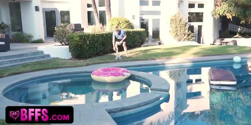 BFFS - Horny Old Neighbour Spies On Sexy College Girls In Tiny Bikini Messing Around In The Pool (Jade Nile, Miranda Miller, Leigh Rose)