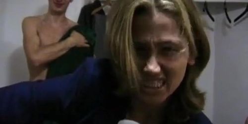 Woman reporter in mens locker room