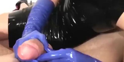 Dominatrix uses rubber gloves and ruins his orgasm