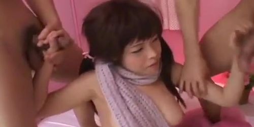 Yurika Goto is fucked in mouth and in hairy nooky by two men (Yuri Etou)