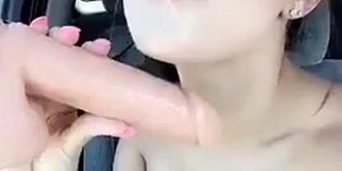 Naughty car dildo blowjob