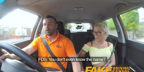 Fake Driving School Big boobs blonde gets fucked and cum splattered glasses (Barbie Sins)